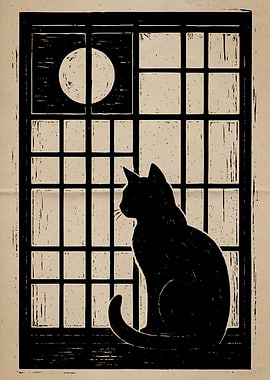 Black Cat at Window, Moonlit Night