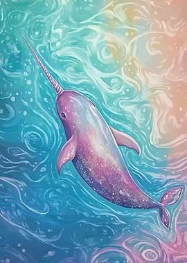 Watercolor Narwhal Swimming Ocean