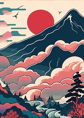 Japanese Landscape with Mountain and Sun