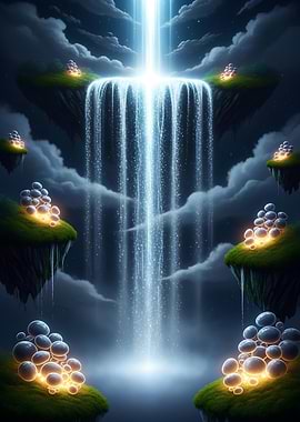 Floating Islands with Waterfall and Lights