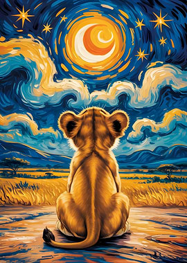 Lion Cub Gazing Moonlit Starry Sky Van Gogh Style Art