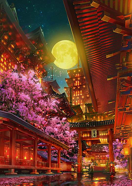 Japanese Temple at Night with Cherry Blossoms