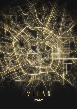 Milan, Italy - Illuminated City Map Poster, Modern Urban Nightscape