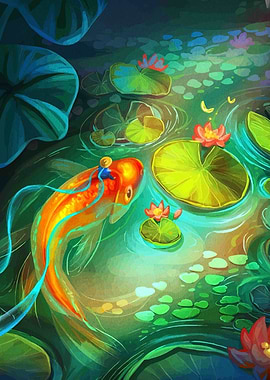Koi Fish and Lily Pond Illustration
