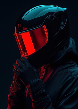 Helmeted Figure in Red and Blue Light