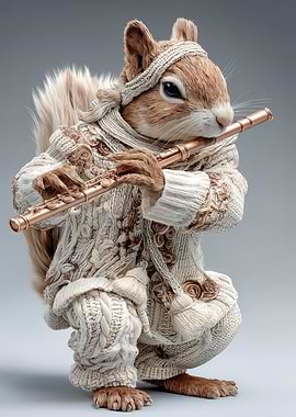 Squirrel playing flute in knitted outfit