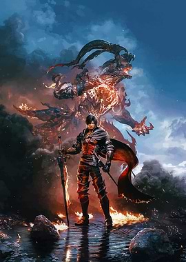 Warrior and Fiery Monster Digital Art