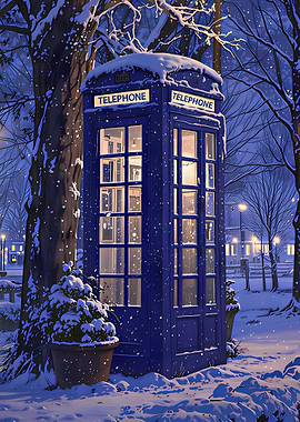 Blue Telephone Booth in Winter Snow