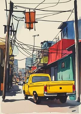 Yellow Truck in Urban Watercolor Scene