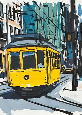 Yellow Tram in City Watercolor Painting