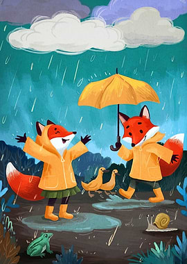 Foxes in Rain with Umbrella
