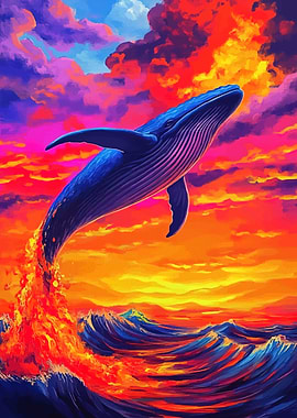 Whale breaching colorful ocean