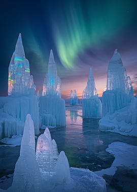 Ice Castles Under Aurora Borealis