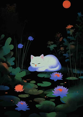 Sleeping Cat on Lily Pads