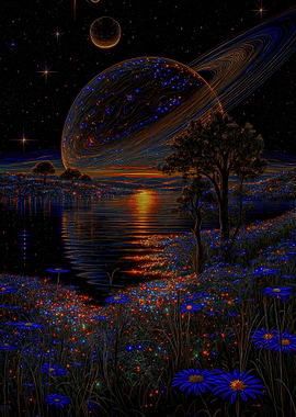 Surreal Planetary Landscape with Flowers