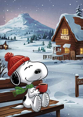 Snoopy enjoying coffee in winter landscape