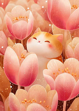 Cute Cat in Tulip Garden