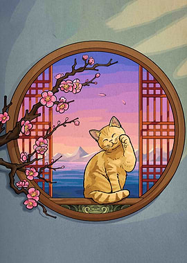 Cat in Window with Cherry Blossoms