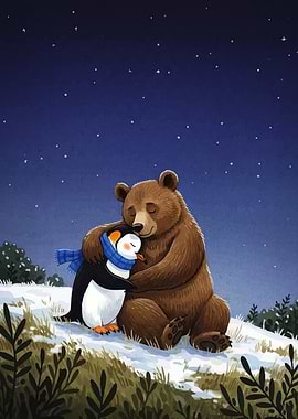 Bear and Penguin Hug Under Stars