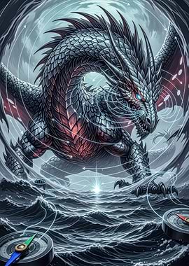 Dragon over the sea with compasses