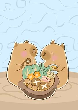 Capybaras enjoying hot pot illustration