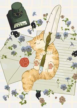 Cat with Quill Pen and Ink