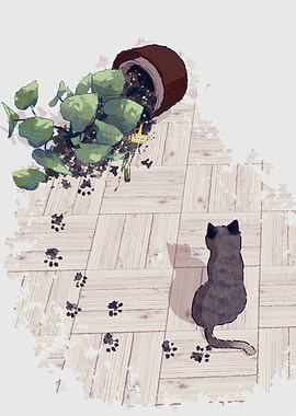 Cat, Plant, and Paw Prints