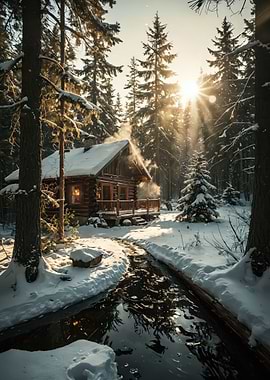 Winter Cabin in Snowy Forest