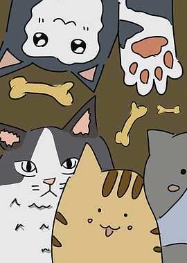 Cartoon Cats and Bones Illustration