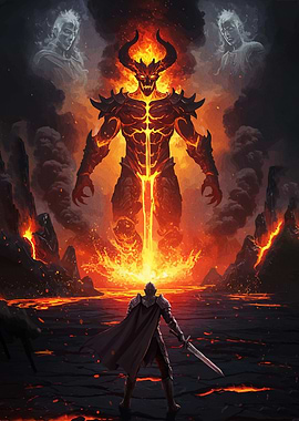 Knight facing fiery demon hell