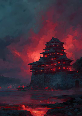 Japanese Castle at Night with Red Sky