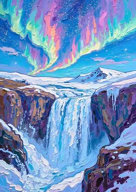 Aurora Borealis Over Waterfall Painting