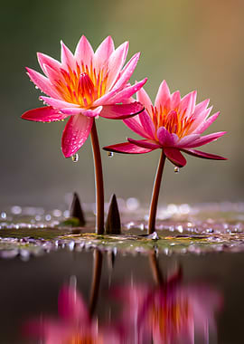 Two Pink Lotus Flowers in Water