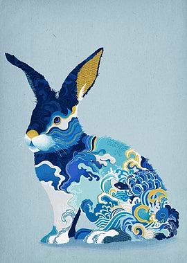 Blue Rabbit with Wave Pattern