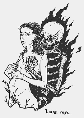 Woman Embraced by Skeleton with Flames