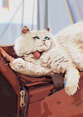 Fluffy White Cat on Red Suitcase
