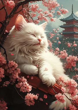 White Cat with Cherry Blossoms
