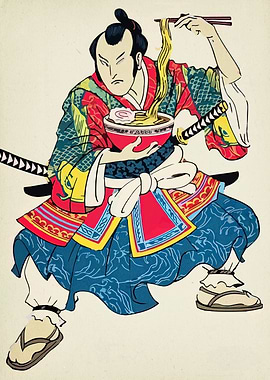 Samurai Eating Ramen Ukiyo-e Style Art