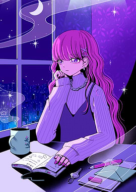 Anime Girl at Night with City View