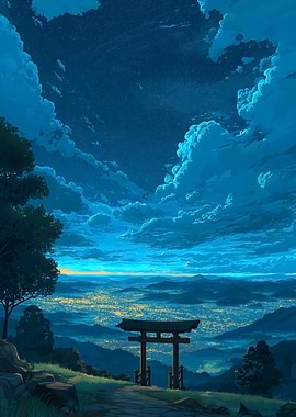 Night Sky over Japanese Torii Gate