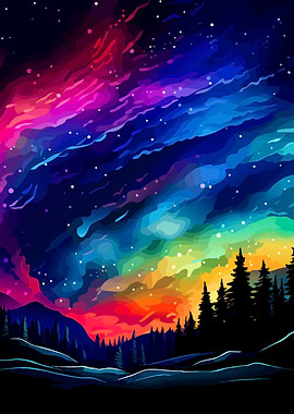 Colorful Night Sky Over Forest