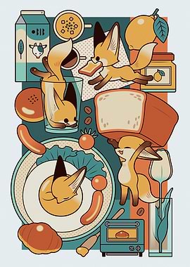 Foxes having breakfast