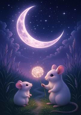 Mice under the moon with dandelion