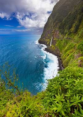 Coastal Cliff with Waterfall and Ocean, Madeira
