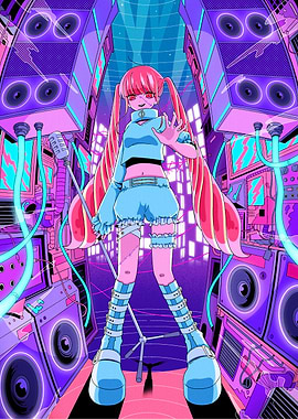 Anime Girl in Cyberpunk Music Scene