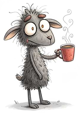 Sleepy Cartoon Goat with Coffee Cup