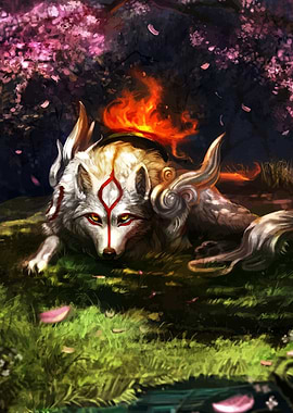 Okami Amaterasu in a Cherry Blossom Forest