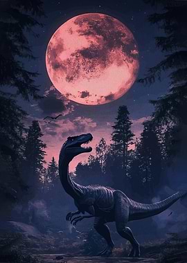 Dinosaur Under Red Moon