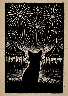 Cat Silhouette Fireworks Celebration