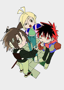 Three Anime-Style Characters on Tiled Floor